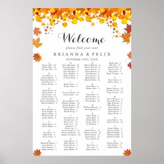 Poster Rustic Autumn Leaves Wedding Seating Chart (Frente)