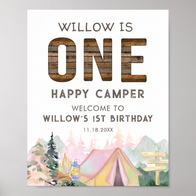 Poster Rustic Baby Girl Rosa One Happy Camper Aniversário (Frente)