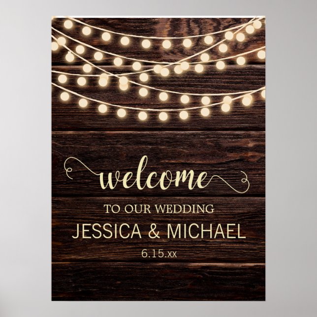 Poster Rustic Barn Wood Country String Lights Wedding (Frente)