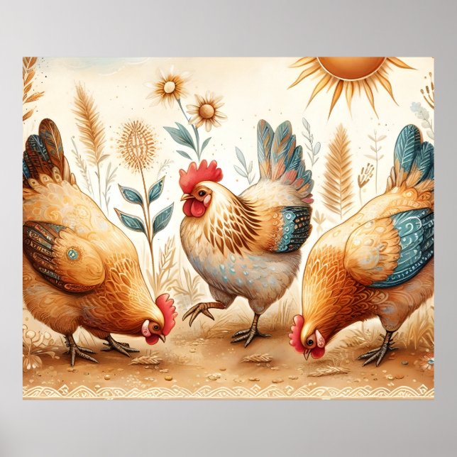 Poster Rustic Barnyard Chickens Boho Country Fazenda (Frente)