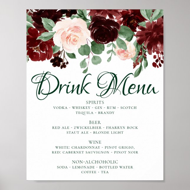 Poster Rustic Blooms | Menu de Bebidas Vermelhas Terracot (Frente)