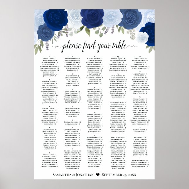 Poster Rustic Blue Roses Wedding Seating Chart A1 Size (Frente)