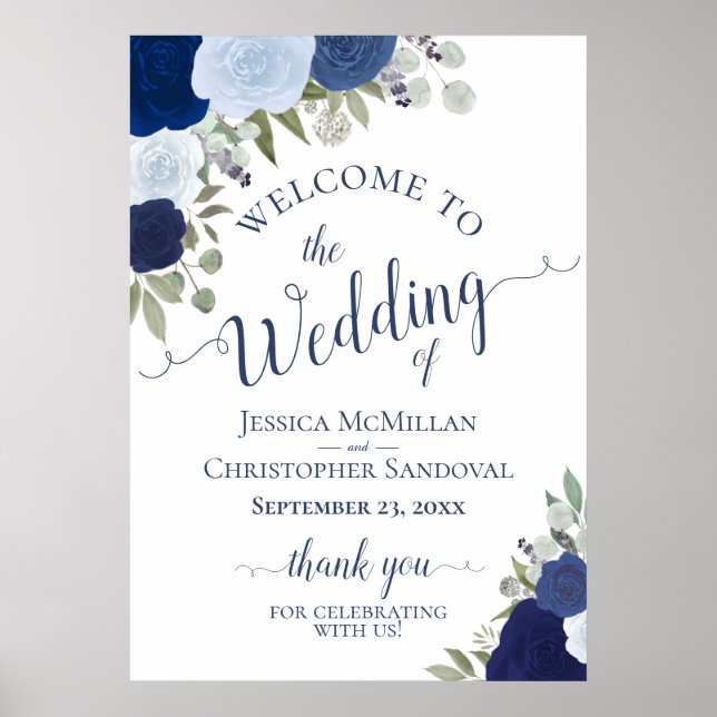 Poster Rustic Blue Roses Wedding Welcome A1 Size (Frente)