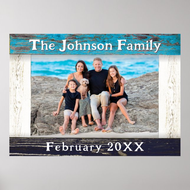 Poster Rustic Blue Wood Frame Family Name Photo (Frente)