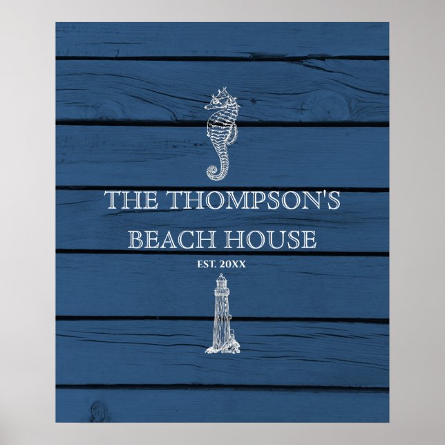 Poster Rustic Blue Wood Sea Lighthouse Beach House (Frente)