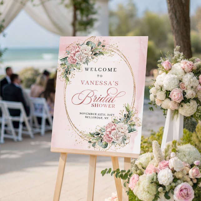 Poster Rustic Blush Pink Flowers Eucalyptus Gold Welcome (Rustic Blush Pink Flowers Eucalyptus Gold Welcome)