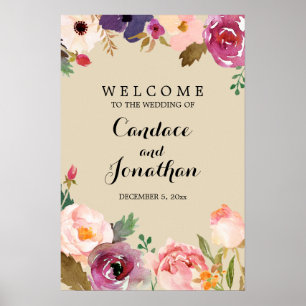 Poster Rustic Boho Watercolor Flowers Sinal de Casamento