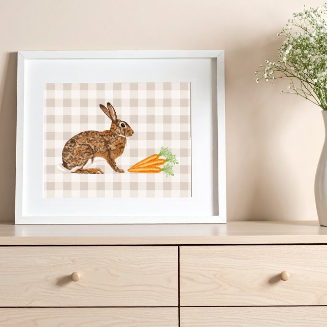 Poster Rustic Brown Bunny And Carrots On Beige Gingham (Disclaimer: This image is a digital mockup.)