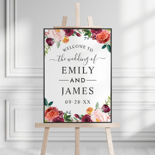 Poster Rustic Burgundy Blush Fall Floral Weding Bem-vindo