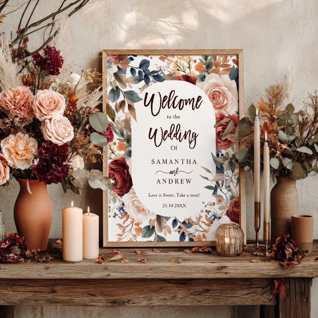 Poster Rustic Burgundy Fall Floral Boho Weding Bem-vindo (Rustic Burgundy Fall Floral Boho Wedding Welcome Poster)