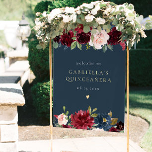 Poster Rustic Burgundy & Marinho Floral Quinceañera Bem-V