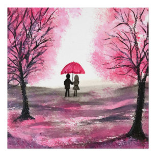 Pôster Rustic Cherry Blossoms Amor casal Red Umbrella