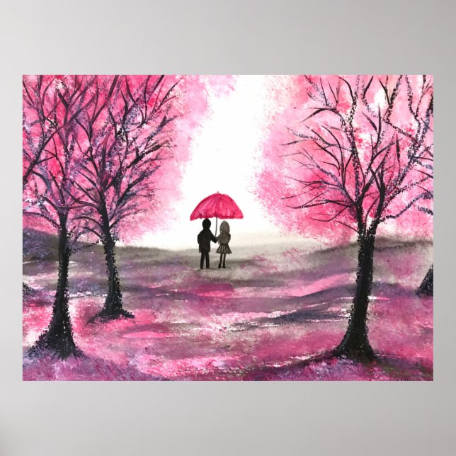 Poster Rustic Cherry Blossoms Love couple Red Umbrella (Frente)