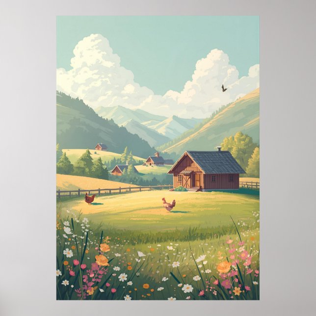 Poster Rustic Countryside Cabin with Wildflowers  (Frente)