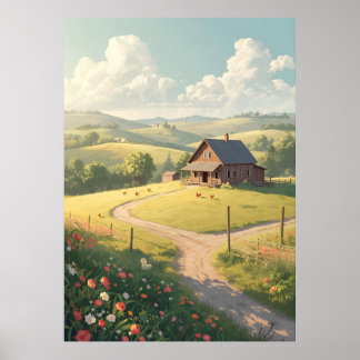 Poster Rustic Countryside Cabin with Wildflowers