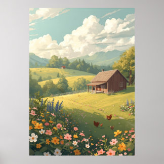 Poster Rustic Countryside Cabin with Wildflowers