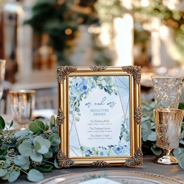 Poster Rustic Dusty Blue Bebidas com assinatura de prata  (Rustic Dusty Blue Floral silver signature drinks Poster)