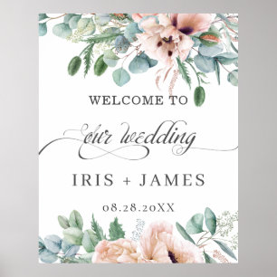 Poster Rustic Dusty Pink Blush Floral Weding Bem-vindo