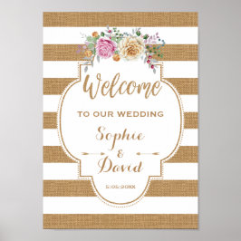 Poster Rustic Floral Burlap Stripes WELCOME