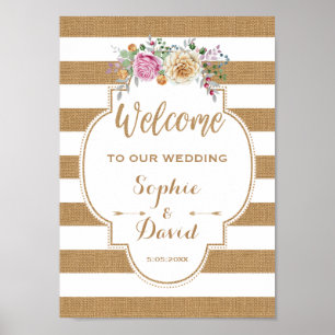 Poster Rustic Floral Burlap Stripes WELCOME