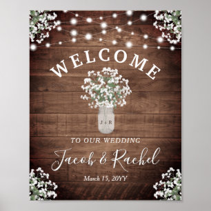 Poster Rustic Floral Mason Jar Lights Boas-vindas Casamen