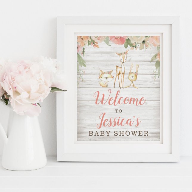 Poster Rustic Floral Woodland Animals Baby Shower Welcome (Criador carregado)