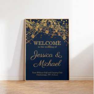 Poster Rustic Glam Marinho Blue Dourado Casamento Bem-vin
