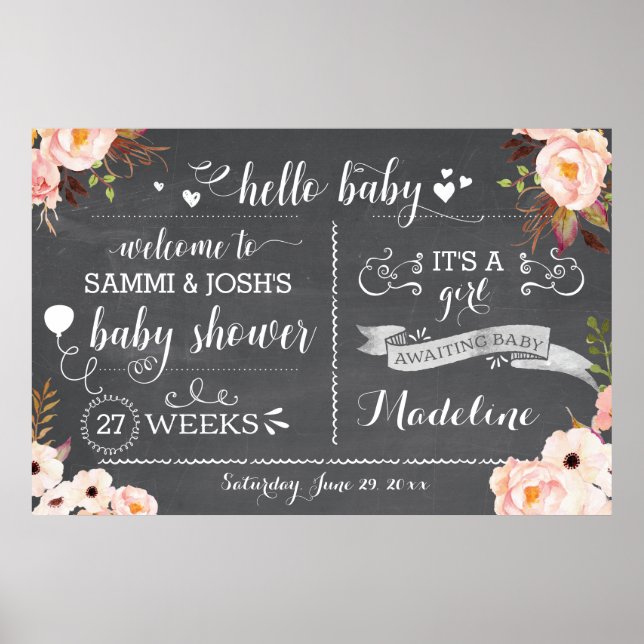 Pôster Rustic Hello Baby Floral Baby Shower Sign (Frente)