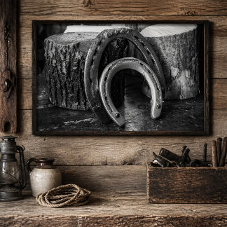 Poster Rustic Horseshoes on Wooden Logs Black and White