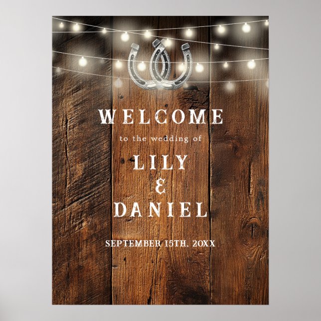 Poster Rustic Horseshoes Western Wedding Welcome Sign (Frente)