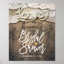 Poster Rustic Love Rope Burlap Lace Chá de panela Bem-vin