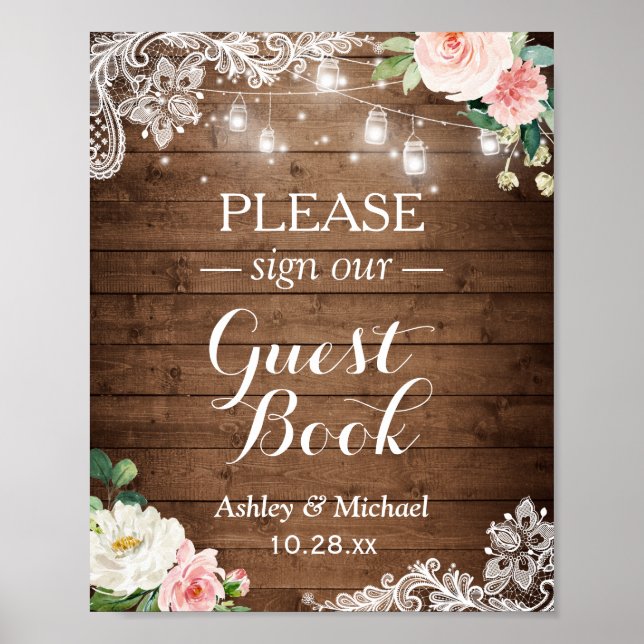 Poster Rustic Mason Jar Lights Floral Lace Sinal Guestboo (Frente)