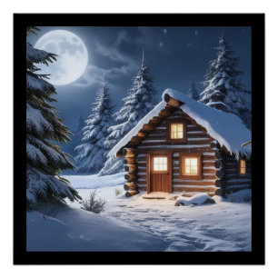 Pôster Rustic Moonlight Cozy Winter Cabine