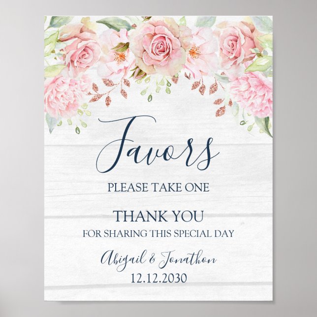 Poster Rustic Pink Floral Spring Wedding Favors Sign (Frente)