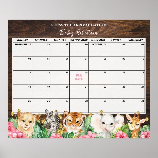 Poster Rustic Pink Safari Baby Guess Due Date Calendar (Frente)