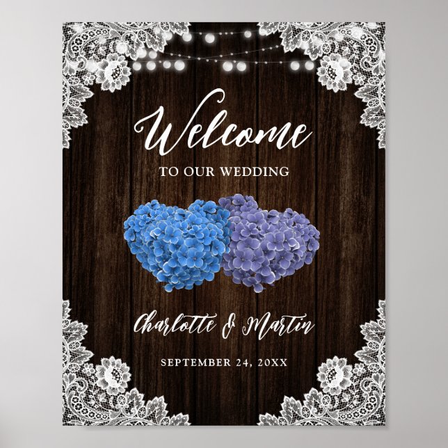Poster Rustic Purple Blue Wood Wedding Welcome Sign (Frente)