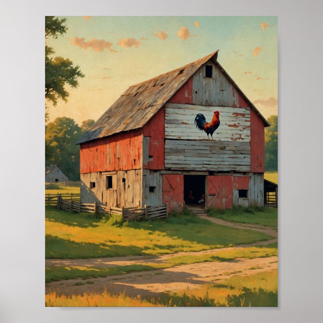 Poster Rustic Red Rooster Barn Digital (Frente)