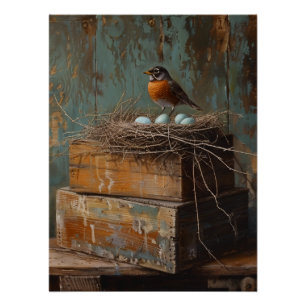 Pôster Rustic Robin and Nest Decoupage