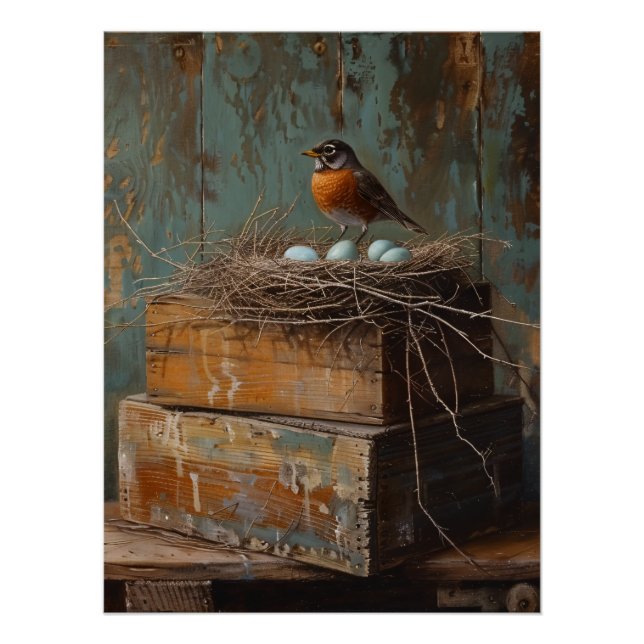Pôster Rustic Robin and Nest Decoupage (Frente)