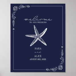 Poster Rustic Starfish Dark Blue Beach Casamento Bem-vind