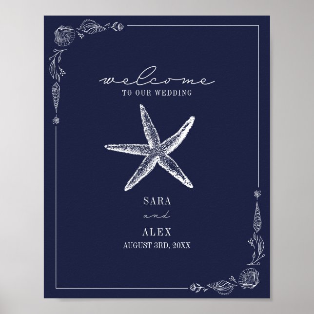 Poster Rustic Starfish Dark Blue Beach Casamento Bem-vind (Frente)