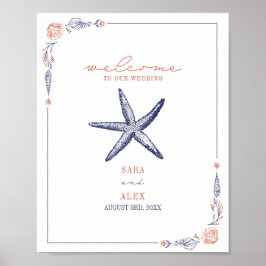 Poster Rustic Starfish Red & Blue Beach Weding