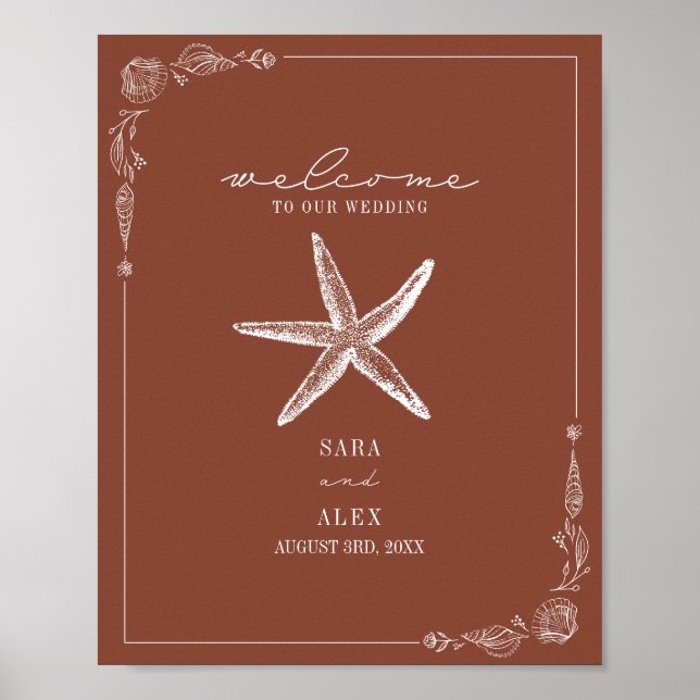 Poster Rustic Starfish Terracotta Beach Wedding Welcome (Frente)