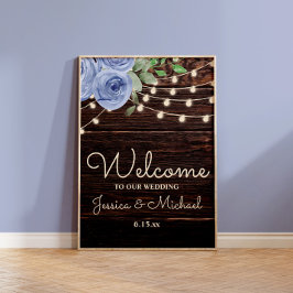 Poster Rustic String Lights Blue Floral Weding Welcome