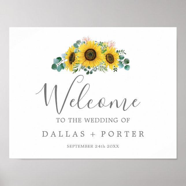 Poster Rustic Sunflower Eucalyptus Wedding Bem-vindo (Frente)