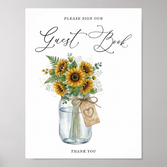 Poster Rustic Sunflower Mason Jar Guest Book Sign (Frente)