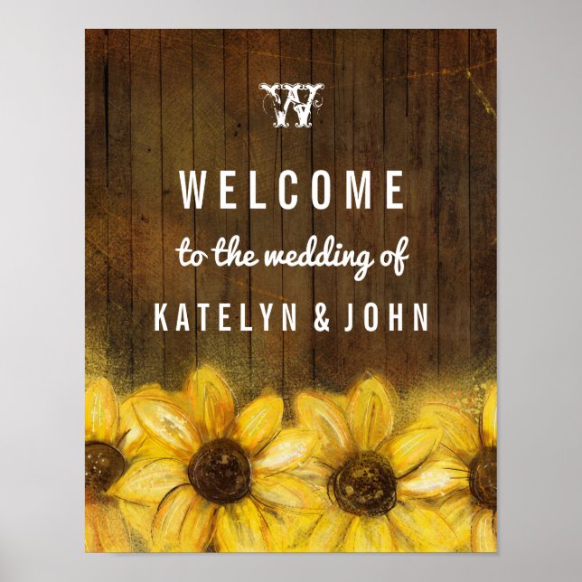 Poster Rustic Sunflower Monograma Bem-vindo ao Casamento (Frente)