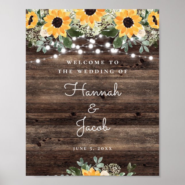 Poster Rustic Sunflower String Light Weding Welcome (Frente)