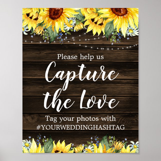 Poster Rustic Sunflower String Luzes Casamento Hashtag (Frente)