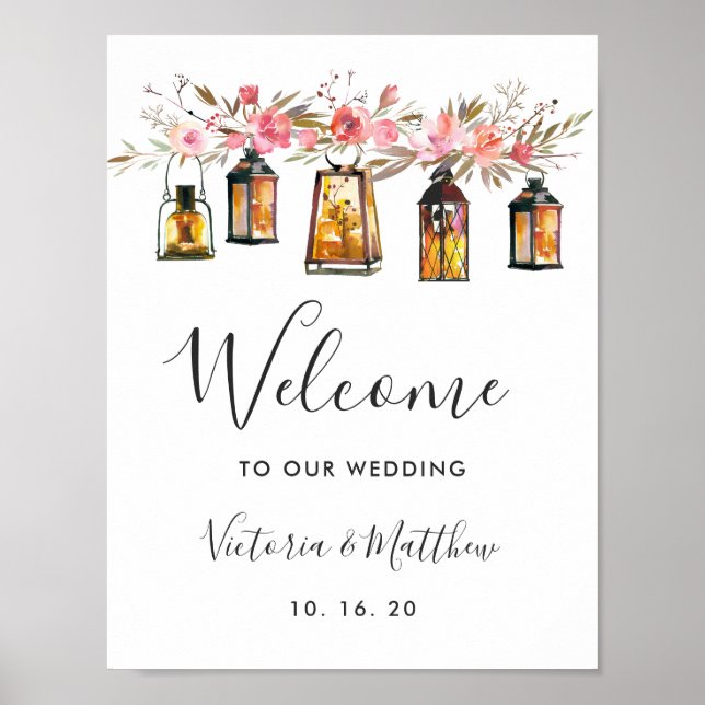 Poster Rustic Watercolor Floral Lantern Wedn Welcome (Frente)